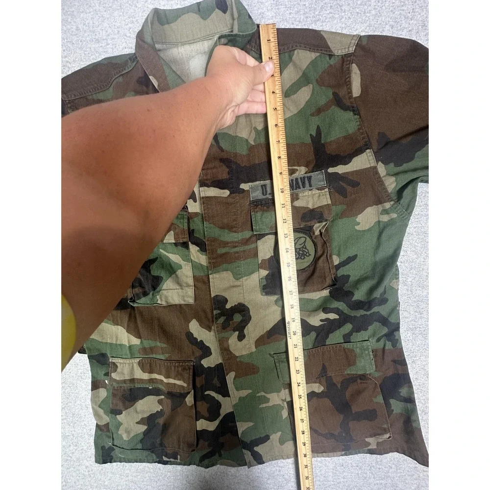 US‎ Navy Jacket Large Long Woodland Camo Field Coat Seabees Patches Military